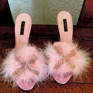 Louis Vuitton Pink Silk Heels w/ Pink Ostrich Feather & Velvet Bow